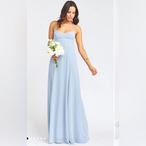Show Me Your Mumu Godshaw Goddess Gown in Steel Blue Chiffon